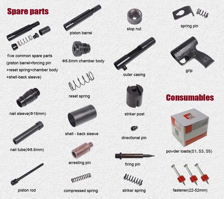 Pistola da chiodo in acciaio da piastra metallica industriale con fonte di alimentazione manuale e cariche di polvere S1/S3